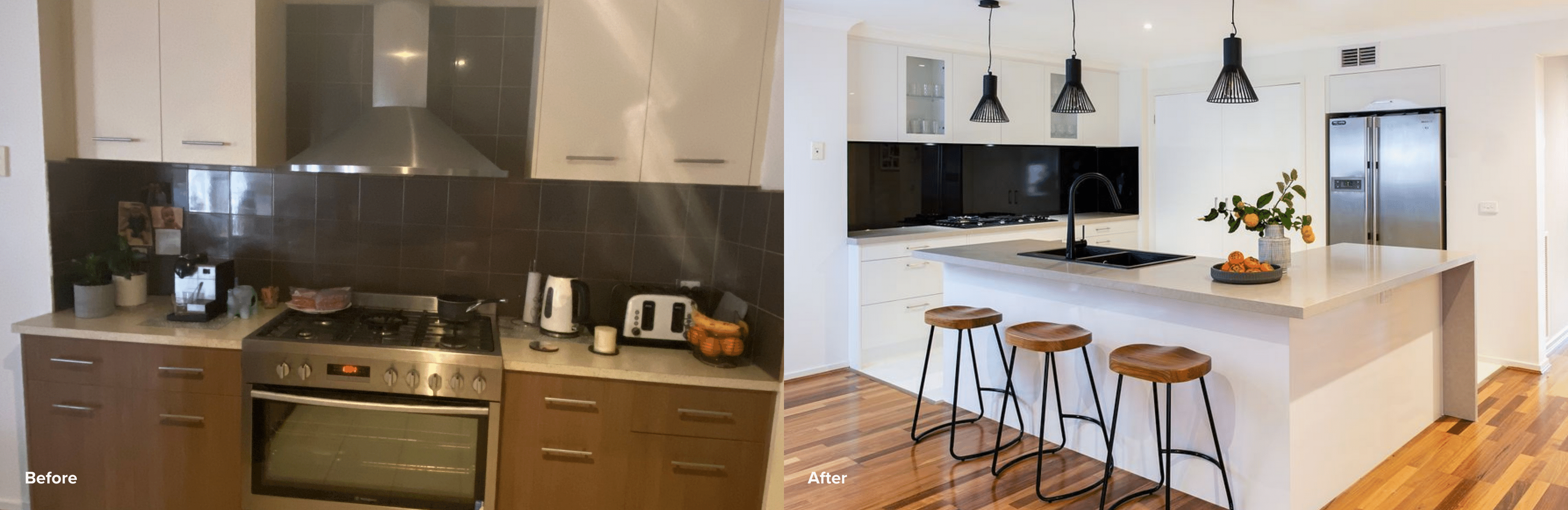 Before and After White and Wood kitchen